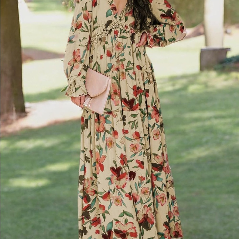 BLENCOT Womens Casual Boho Deep V Neck Short Sleeve Long Dress